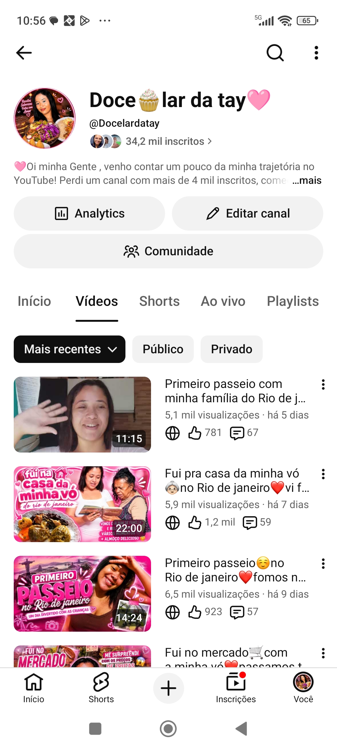 Canal com mais de 35 mil e media de visualizações de 10 mil média de likes por vídeo mil e comentários, compartilhamento